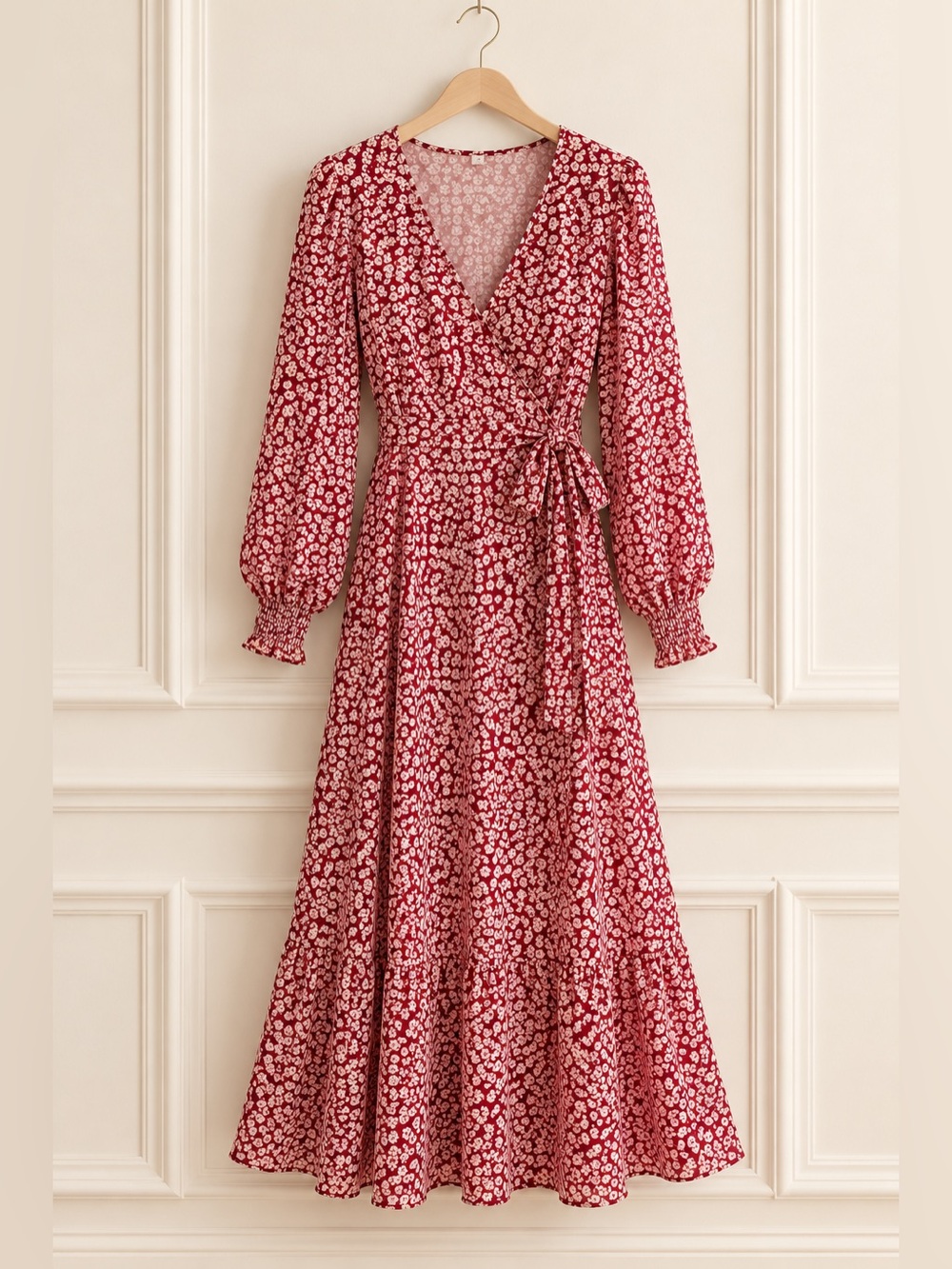 PRETTYGARDEN Womens Large Red White Floral Wrap Midi Dress Long Sleeve V Neck - Picture 1 of 11